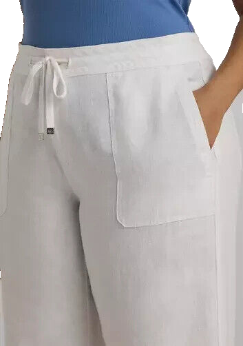 Lauren Ralph Lauren Women's White Solid Linen Pockets Drawcord Pants Size 14W